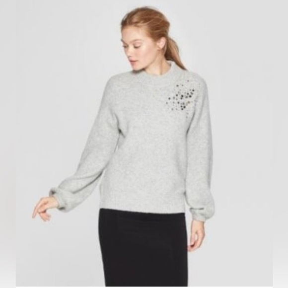 a new day Sweaters - A New Day Gray Embellished Sweater – Balloon Sleeve, Crystal Detail, Size L